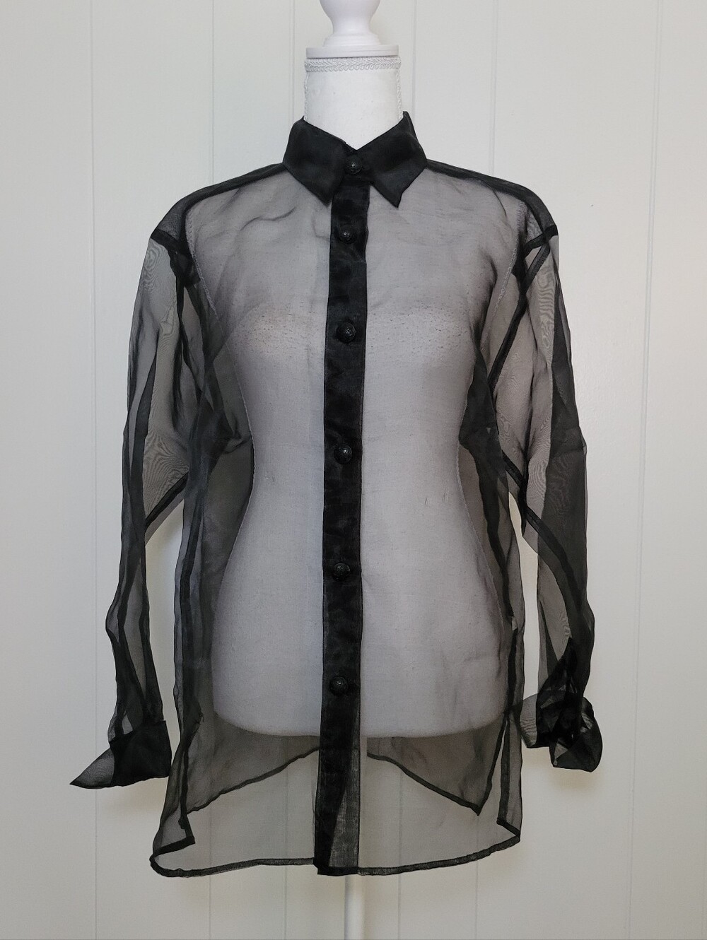 Moda International Sheer Black Organza Button Down Shirt Collared Blouse 90s S